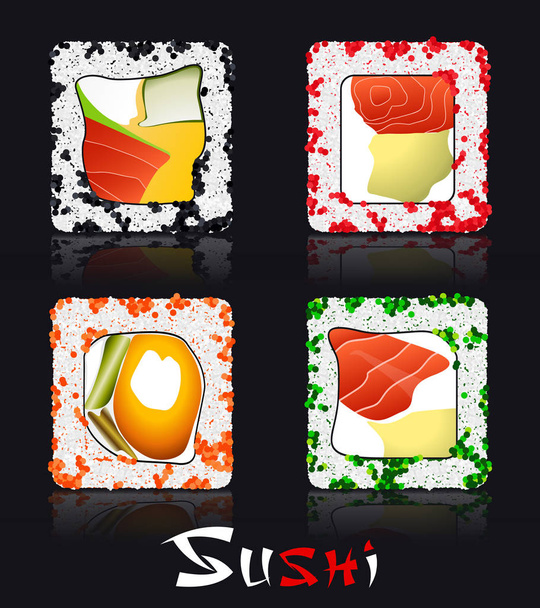 Japans eten op zwarte achtergrond en gestileerde inscriptie Sushi - Vector, afbeelding