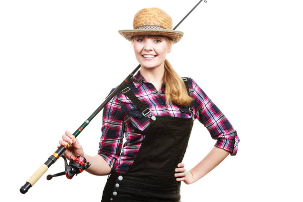 Happy woman in sun hat holding fishing rod - Zdjęcie, obraz