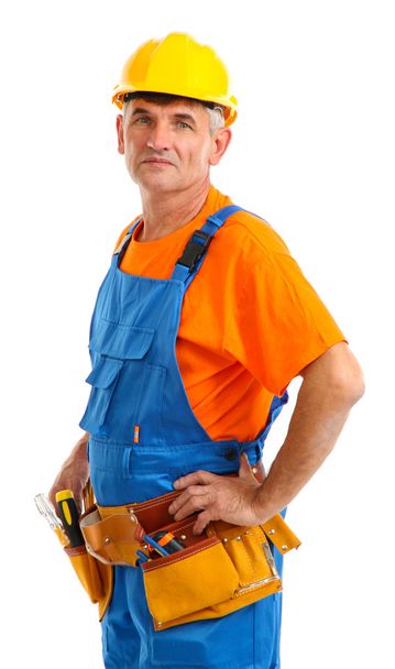 Male builder in yellow helmet isolated on white close-up - Foto, Bild