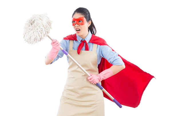 angry mad super housewife with cleaning - Foto, afbeelding