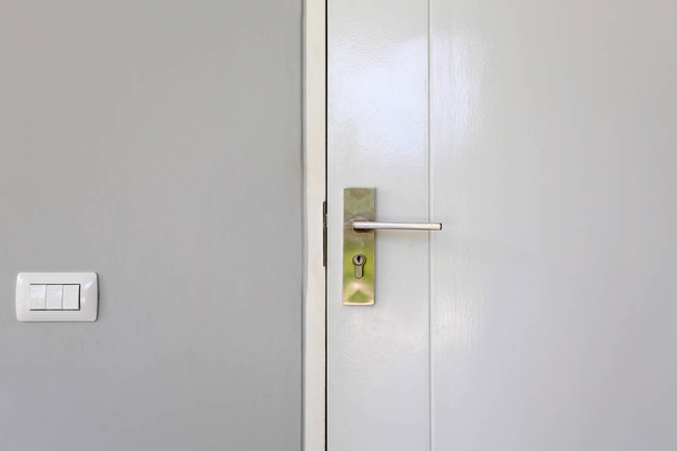 Modern style door handle on wooden door - 写真・画像