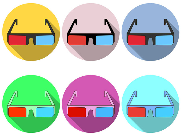 3D brýle jsou ploché s dlouhý stín. Moderní design brýlí. Červené a modré čočky. Sada ikon. Vektorové ilustrace - Vektor, obrázek