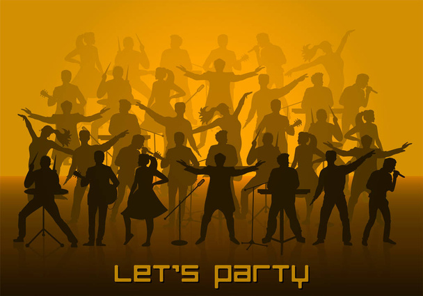 Lasst uns Party machen. Silhouetten von Musikern, Sängern und Tänzern. Vektorillustration - Vektor, Bild