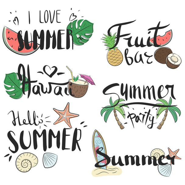 Vector hand-drawn lettering with illustrations of leaves of palm trees, surfing, cocktails, etc. Summer labels, logos, hand drawn tags and elements set for summer holiday - Vettoriali, immagini