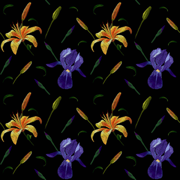 Embroidery seamless pattern fashion design with yellow and blue iris and lily stitched floral illustration - Photo, Image