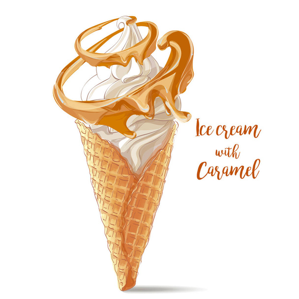 Vector ice cream in waffle cone with chocolate spiral - Vecteur, image