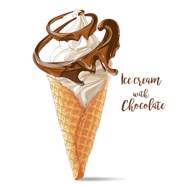 Vector ice cream in waffle cone with chocolate spiral - Vektör, Görsel
