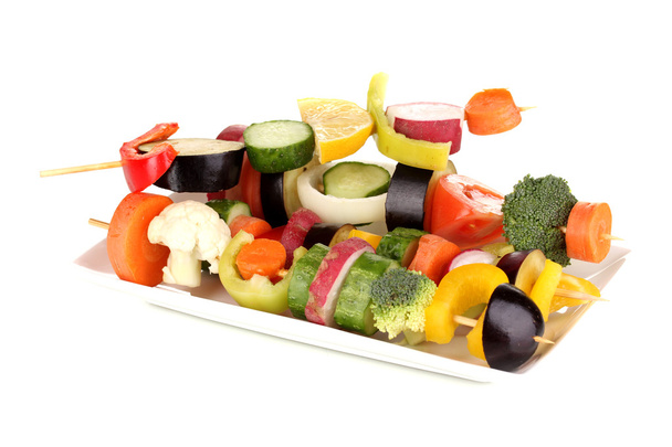Sliced vegetables on wooden picks isolated on white - Zdjęcie, obraz