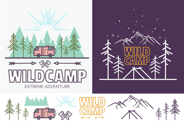 Metsäleiri lineaarinen kuva teltta, vuoret, puut, pilvi, aurinko. Camping matkailu luova graafinen konsepti design.Vintage yksivärinen ja väri tyyli. eristetty
. - Valokuva, kuva