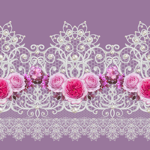 Seamless pattern border. Openwork weaving delicate, black lace, vintage old style arabesques. Edging decorative. Decoration from pearls, beads. Flower garland of white roses. - Fotografie, Obrázek