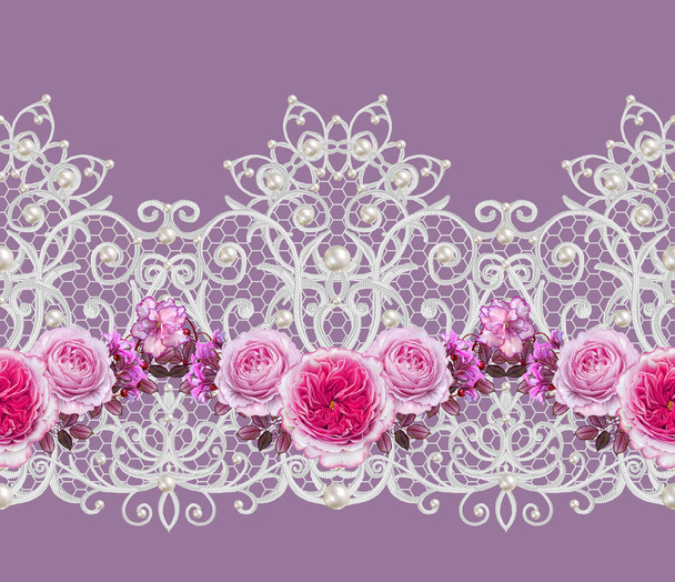 Seamless pattern border. Openwork weaving delicate, black lace, vintage old style arabesques. Edging decorative. Decoration from pearls, beads. Flower garland of white roses. - 写真・画像