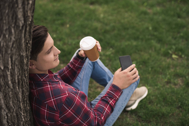 Člověk pomocí smartphone v parku - Fotografie, Obrázek