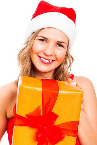 Happy Christmas woman with present - Фото, изображение
