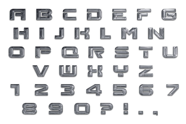 Αγγλικό αλφάβητο και χαρακτήρων φτιαγμένων από λαμπερά γράμματα νικελίου που απομονώνονται σε λευκό φόντο. Αρχικό σχεδιασμό γραμματοσειρά για το κείμενο σας  - Φωτογραφία, εικόνα