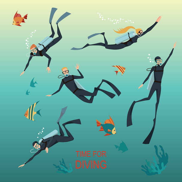 Ilustrações de mergulhadores de estilo plano
 - Vetor, Imagem