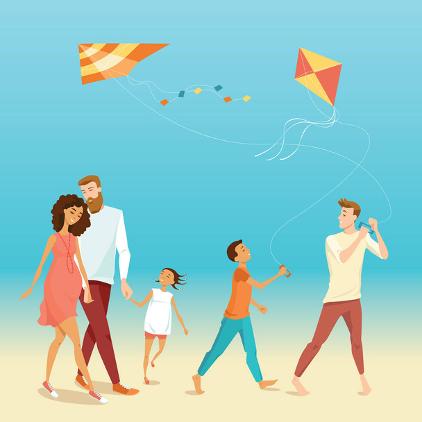 happy family with flying a kites - Vector, Image