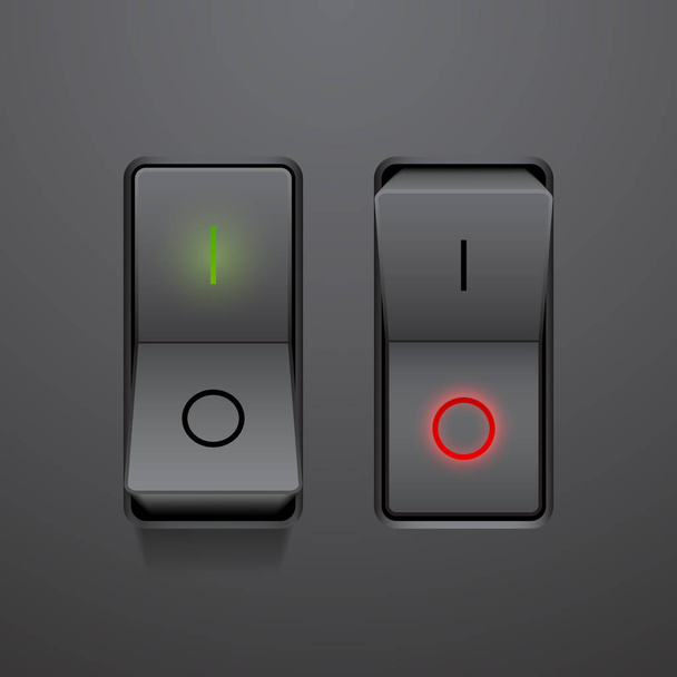 Set of realistic black toggle switches in on and off positions - Vetor, Imagem