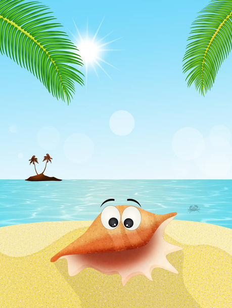 funny shell cartoon on the beach - 写真・画像