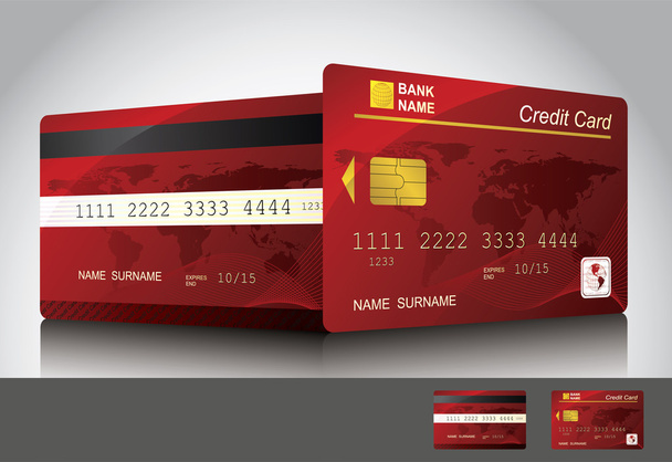 κόκκινο πιστωτική κάρτα, εμπρός και πίσω άποψη - Διάνυσμα, εικόνα