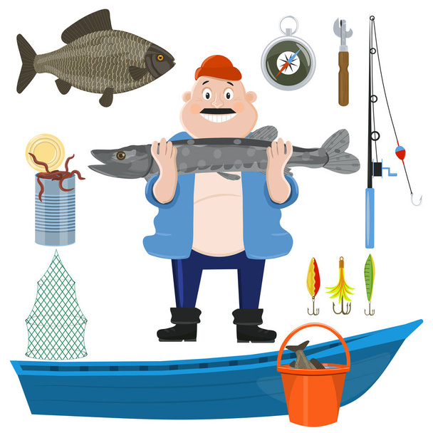 Fishing cartoon sport icon set. Fish, fishing rod, boat and tackle, fisherman catch and equipment. Design element for fishing emblem . Vector illustration. - Vektor, kép