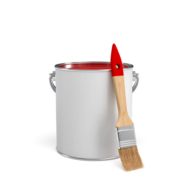 3d rendering of a red paint jar and a wooden brush with a red handle on white background. - Foto, Bild