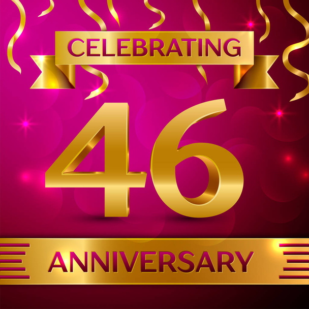 Forty six Years Anniversary Celebration Design. Confetti and golden ribbon on pink background. Colorful Vector template elements for your birthday party. Anniversary ribbon - Vector, Image