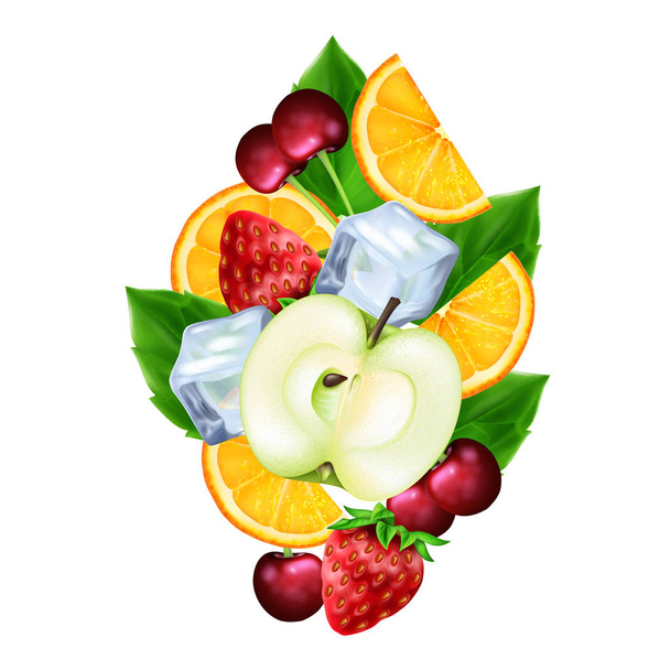 Groep van realistische vruchten abd ijsblokjes - Vector, afbeelding