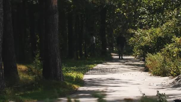 Ζευγάρι περπατά προς την κάμερα μαζί ασφαλτοστρωμένο δρόμο μέσα σε ένα δάσος σε μια θυελλώδη ημέρα - Πλάνα, βίντεο