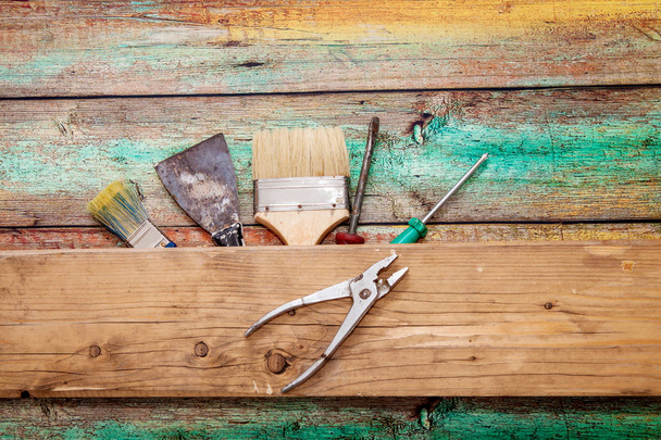 Tools on wooden background with copy space - Zdjęcie, obraz