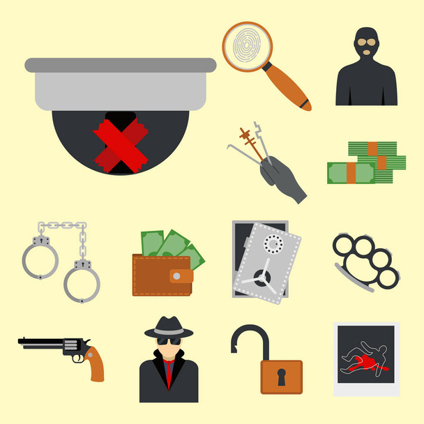 Iconos del crimen ley de protección justicia signo seguridad policía arma delito delito transgresión plana vector ilustración
 - Vector, Imagen