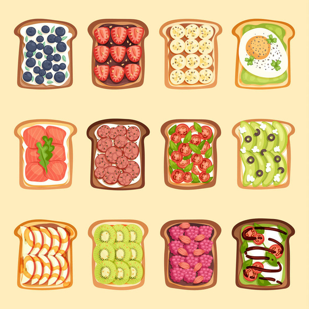 Slices of sandwich bread and butter toast with butter jamflat cartoon style vector illustration. - Vector, Image