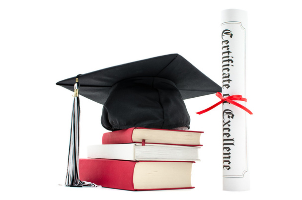 Grad hat e diploma com livro isolado em branco
 - Foto, Imagem