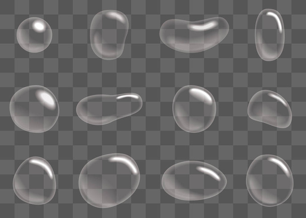 Juego de burbujas de jabón y gotas de agua. Diferentes formas burbujas transparentes con reflejos, reflejos y gradiente. Ilustración vectorial
. - Vector, Imagen