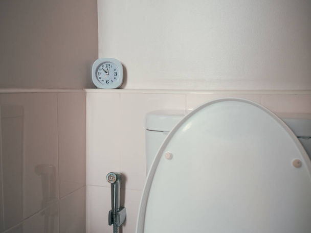 Concept of life routine with clock in the bathroom. - Фото, зображення