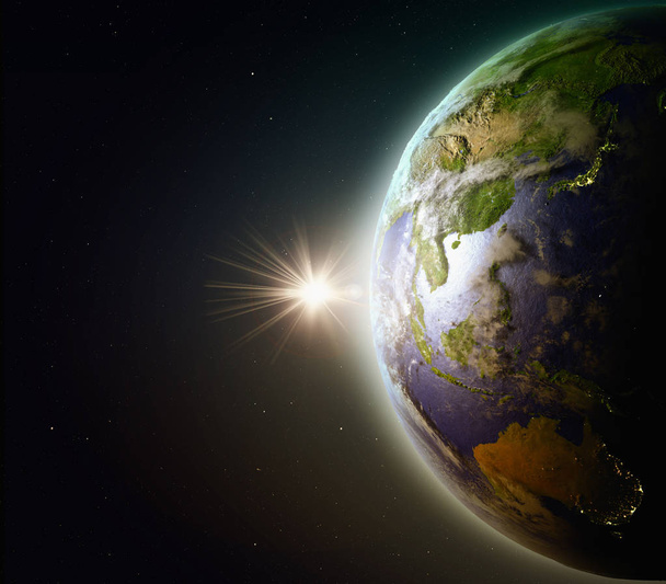 Auringonlasku yläpuolella Itä-Aasian ja Australian avaruudessa
 - Valokuva, kuva