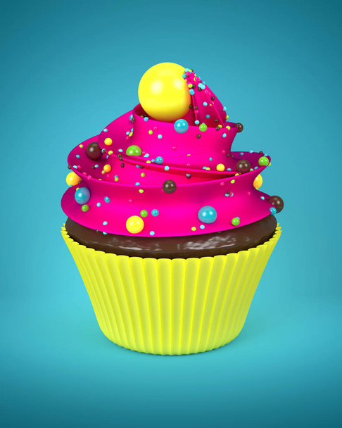 3d sweet cupcake with sprinkles over blue - Фото, изображение