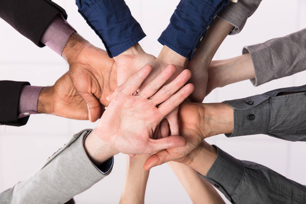 Groep ondernemers zetten hun handen op elkaar tegen witte achtergrond - Foto, afbeelding