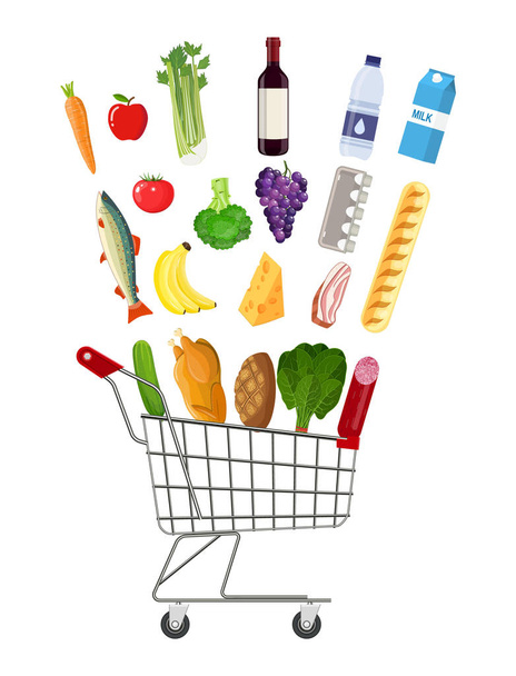 Metal shopping cart full of groceries products. - Vector, Image