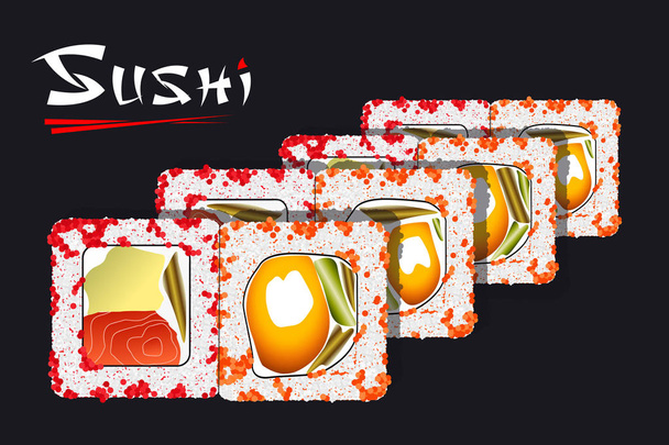 Japán ételeket, a fekete háttér és a stilizált felirat Sushi - Vektor, kép