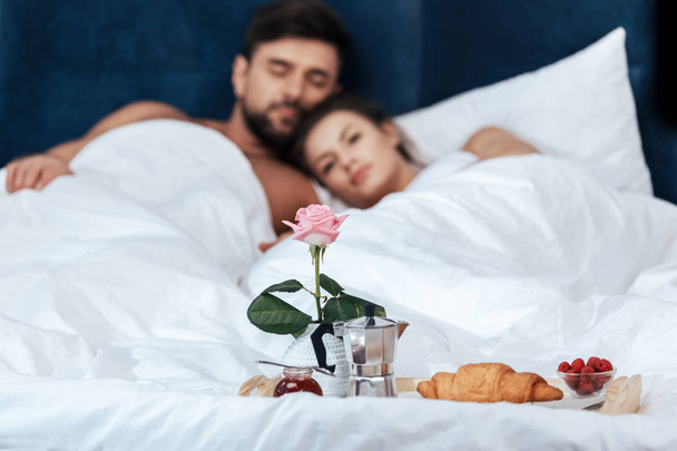 Romantic breakfast on tray in bed - Photo, Image