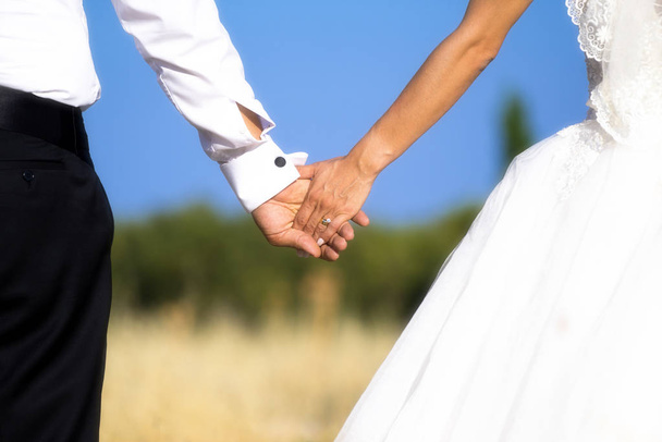 Bräutigam und Braut Hand in Hand - Foto, Bild