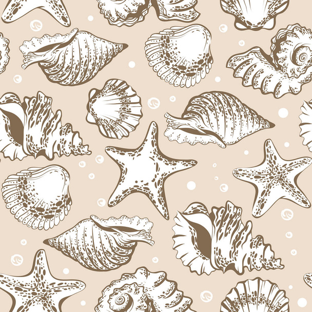 nahtloses Muster, beige Muscheln und Seesterne mit Blasen - Vektor, Bild