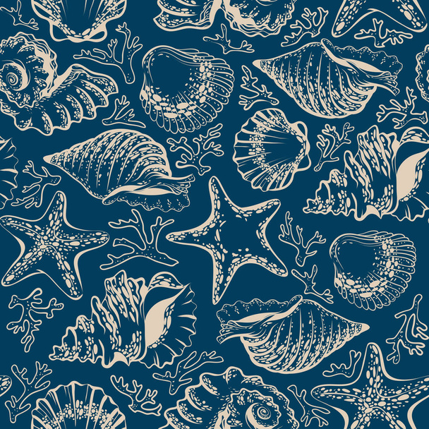 seamless pattern, seashells, starfish and corals - Vektori, kuva
