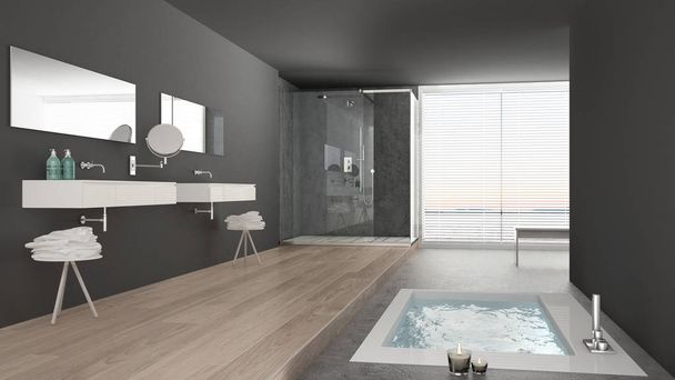 Минималистская белая и серая ванная комната с ванной и панорамным видом
 - Фото, изображение