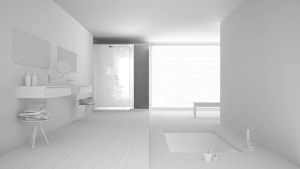 totales weißes Projekt minimalistischer Badezimmer mit Badewanne und Pfanne - Foto, Bild