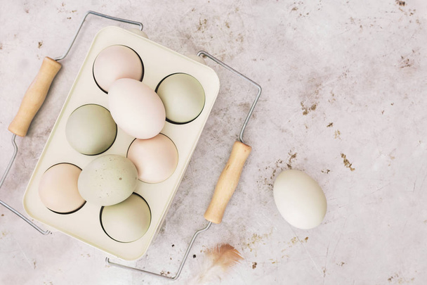 Organic eggs  of araucana hens in rustic metal holder - Foto, imagen