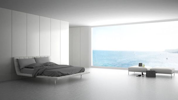 Minimalistická ložnice s velkým oknem na nečis panorama, bílé moře - Fotografie, Obrázek