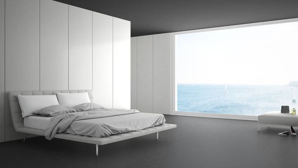 Minimalist bedroom with big window on sea panorama, white and gr - Foto, afbeelding
