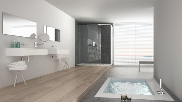minimalistisches weißes Badezimmer mit Badewanne und Panoramafenster, - Foto, Bild