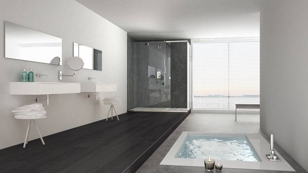 minimalistisches weißes und graues Badezimmer mit Badewanne und Panoramablick - Foto, Bild
